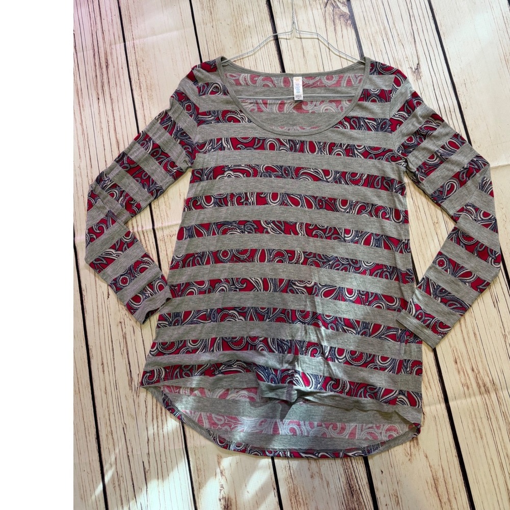 LuLaRoe Christy Top Womens XS Grey Red Paisley Striped Long Sleeve High Low Tee